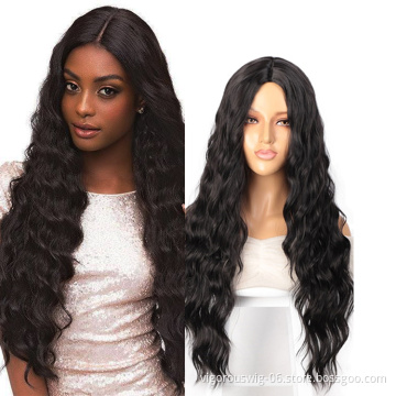 Vigorous Cheap Top Quality Long Black Wavy Wig  Middle Part Synthetic Wig For Black White Women Heat Resistant Wholesale Price
